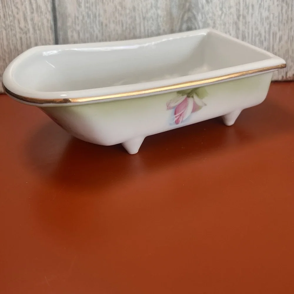 Austrian Clawfoot Bathtub Soap Dish Trinket 6in White Ceramic Floral Doll VTG